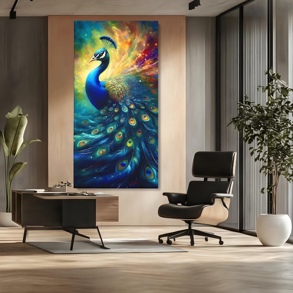 Tablou canvas cu tablou canvas cu paun colorat, fara rama, pe sasiu de lemn, pe perete intr-un birou